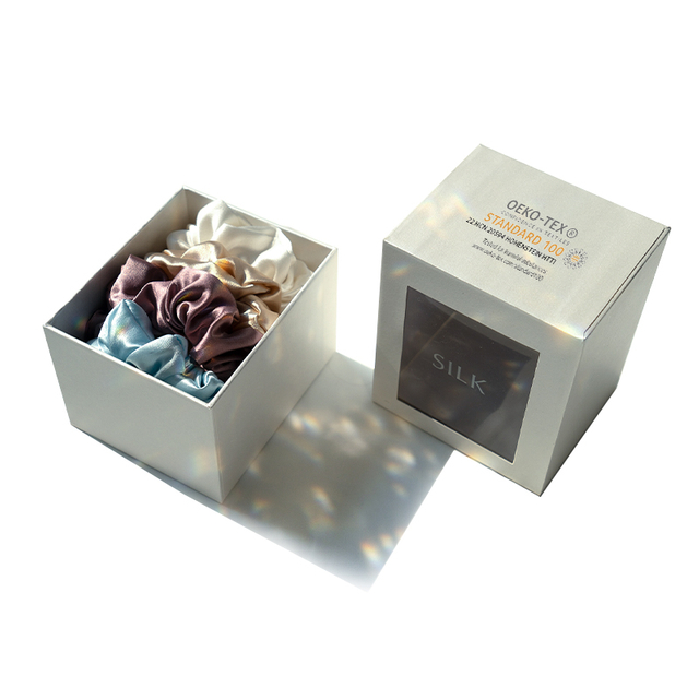 Elastico per capelli in seta oversize medio grande magro con fascia elastica Personalizza modello Scrunchie in seta con scatola