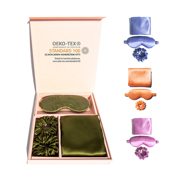 Set federa in seta per bocca con cerniera/busta, maschera per gli occhi e set di federe in seta con passante per capelli